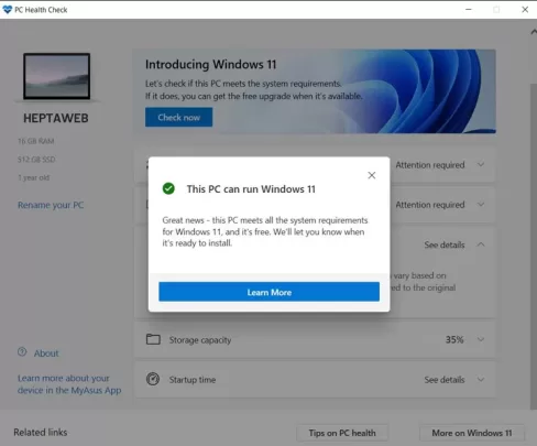تایید امکان نصب ویندوز ۱۱ روی سیستم توسط Microsoft Health Check